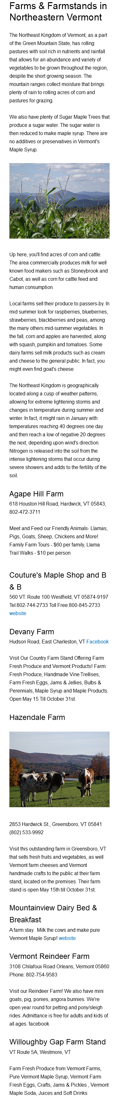 Farms & Farmstands in Northeastern Vermont The Northeast Kingdom of Vermont, as a part of the Green Mountain State, has rolling pastures with soil rich in nutrients and rainfall that allows for an abundance and variety of vegetables to be grown throughout the region, despite the short growing season. The mountain ranges collect moisture that brings plenty of rain to rolling acres of corn and pastures for grazing. We also have plenty of Sugar Maple Trees that produce a sugar water. The sugar water is then reduced to make maple syrup. There are no additives or preservatives in Vermont's Maple Syrup. ﷯Up here, you'll find acres of corn and cattle. The area commercially produces milk for well known food makers such as Stoneybrook and Cabot, as well as corn for cattle feed and human consumption. Local farms sell their produce to passers-by. In mid summer look for raspberries, blueberries, strawberries, blackberries and peas, among the many others mid-summer vegetables. In the fall, corn and apples are harvested, along with squash, pumpkin and tomatoes. Some dairy farms sell milk products such as cream and cheese to the general public. In fact, you might even find goat's cheese The Northeast Kingdom is geographically located along a cusp of weather patterns, allowing for extreme lightening storms and changes in temperature during summer and winter. In fact, it might rain in January with temperatures reaching 40 degrees one day and then reach a low of negative 20 degrees the next, depending upon wind's direction. Nitrogen is released into the soil from the intense lightening storms that occur during severe showers and adds to the fertility of the soil. Agape Hill Farm 618 Houston Hill Road, Hardwick, VT 05843, 802-472-3711 Meet and Feed our Friendly Animals- Llamas, Pigs, Goats, Sheep, Chickens and More! Family Farm Tours - $60 per family, Llama Trail Walks - $10 per person Couture's Maple Shop and B & B 560 VT. Route 100 Westfield, VT 05874-9197 Tel:802-744-2733 Toll Free:800-845-2733 website Devany Farm Hudson Road, East Charleston, VT Facebook Visit Our Country Farm Stand Offering Farm Fresh Produce and Vermont Products! Farm Fresh Produce, Handmade Vine Trellises, Farm Fresh Eggs, Jams & Jellies, Bulbs & Perennials, Maple Syrup and Maple Products. Open May 15 Till October 31st. Hazendale Farm﷯ 2853 Hardwick St., Greensboro, VT 05841 (802) 533-9992 Visit this outstanding farm in Greensboro, VT that sells fresh fruits and vegetables, as well Vermont farm cheeses and Vermont handmade crafts to the public at their farm stand, located on the premises. Their farm stand is open May 15th till October 31st. Mountainview Dairy Bed & Breakfast A farm stay. Milk the cows and make pure Vermont Maple Syrup! website Vermont Reindeer Farm 3108 Chilafoux Road Orleans, Vermont 05860 Phone: 802-754-9583 Visit our Reindeer Farm! We also have mini goats, pig, ponies, angora bunnies. We're open year round for petting and pony/sleigh rides. Admittance is free for adults and kids of all ages. facebook Willoughby Gap Farm Stand VT Route 5A, Westmore, VT Farm Fresh Produce from Vermont Farms, Pure Vermont Maple Syrup, Vermont Farm Fresh Eggs, Crafts, Jams & Pickles , Vermont Maple Soda, Juices and Soft Drinks 